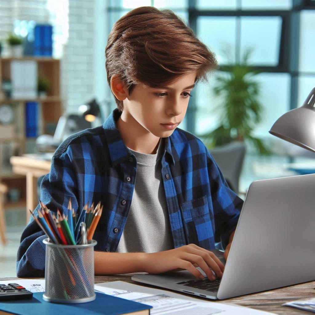 Boy Operating Computer in Class ()