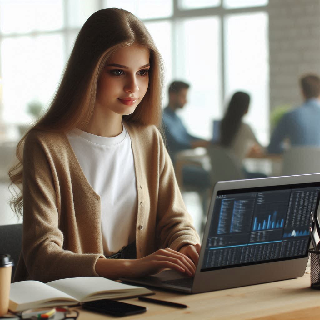 Girl Operating Computer in Office ()