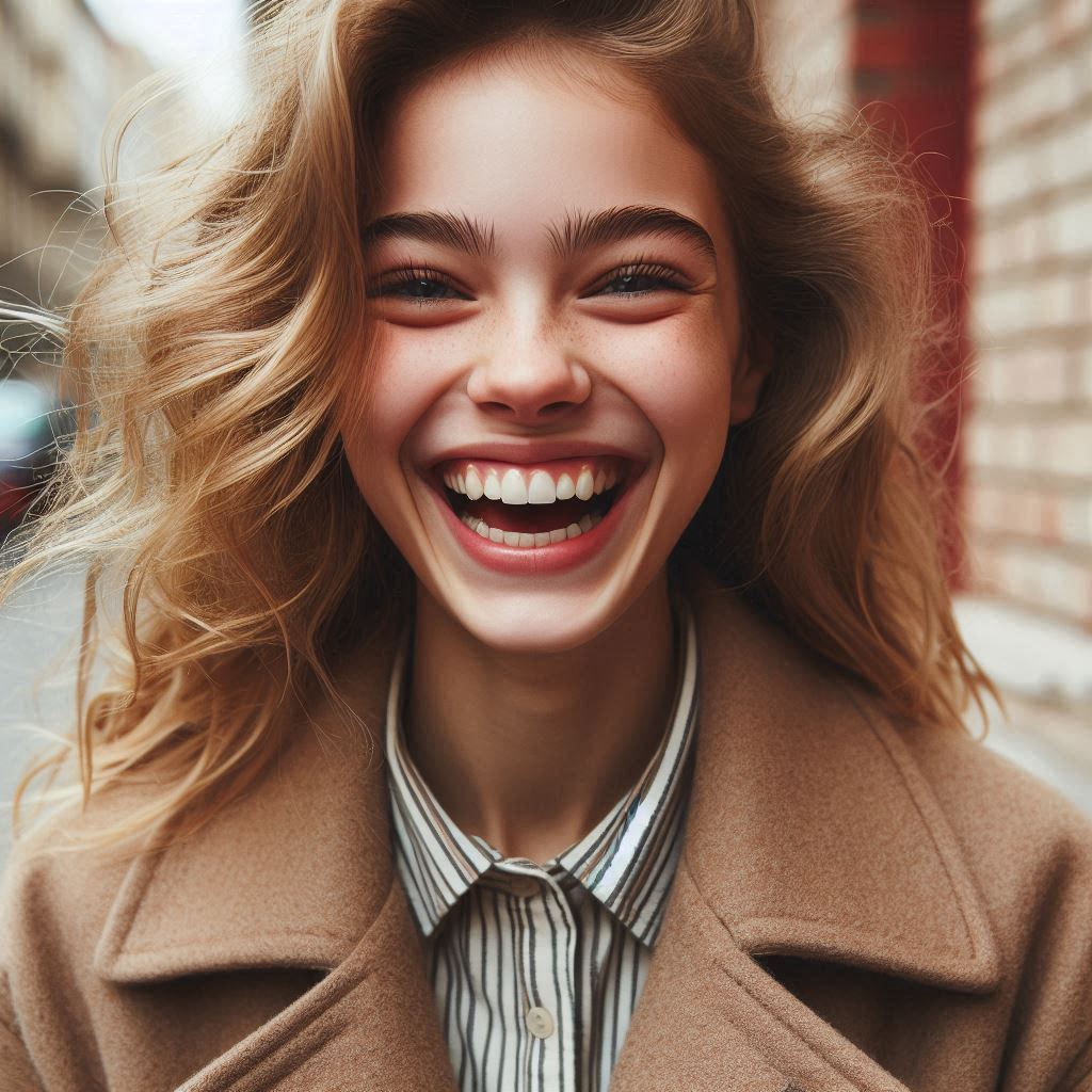 Girl face with laugh coat and shirt collar ()