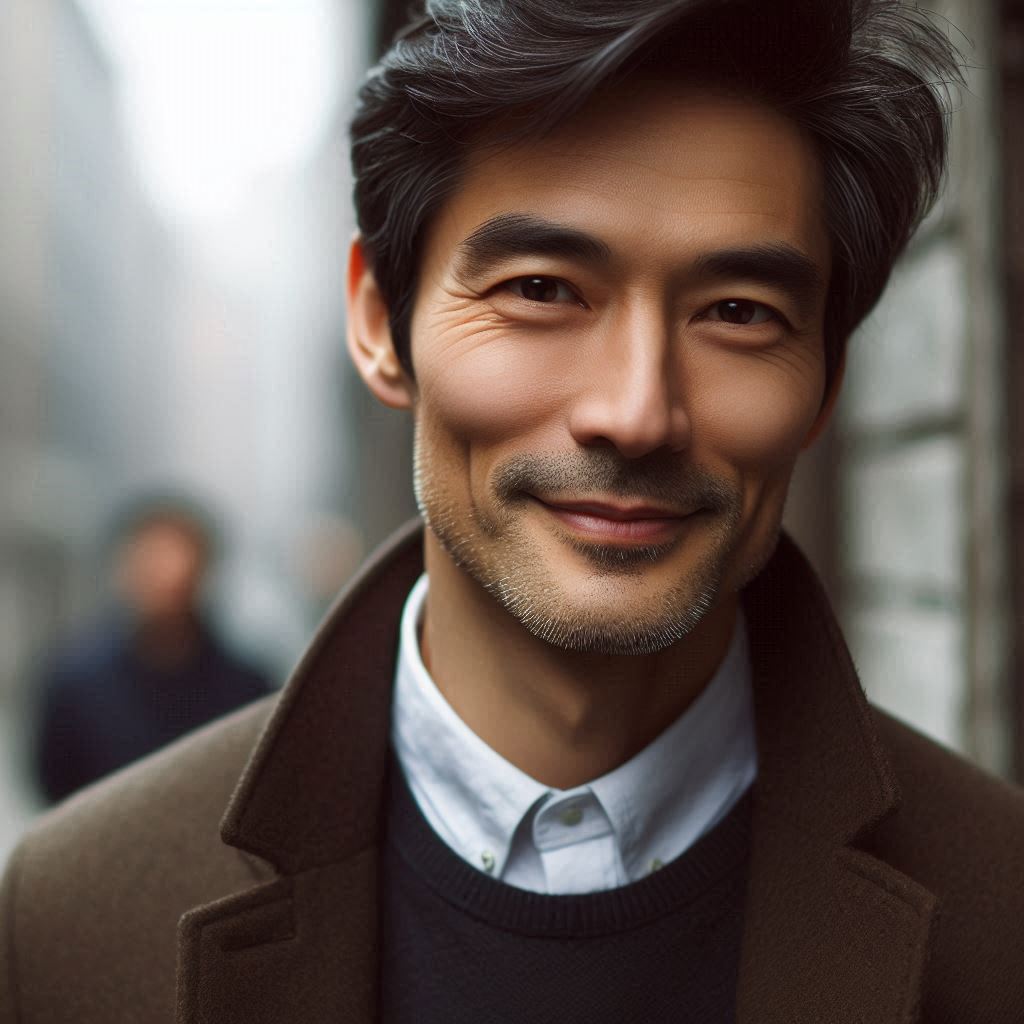 Man or Boy Face with Smile in Coat and Shirt Collar ()