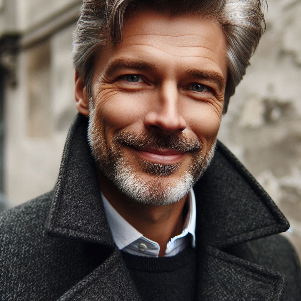 Man or Boy Face with Smile in Coat and Shirt Collar ()